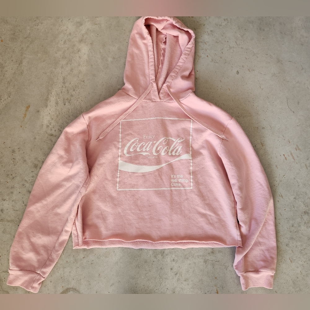 Coca Cola Logo Pink Cropped Hooded Pullover Sweatshirt Women’s L